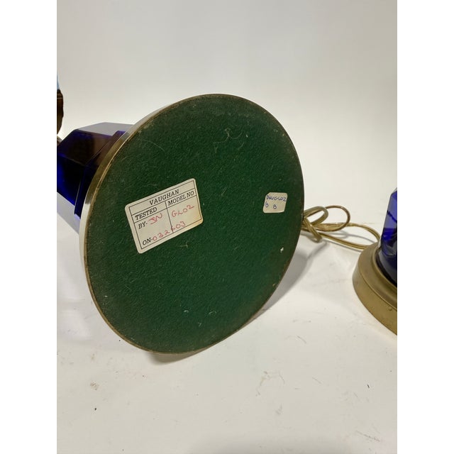 English Pair of Vaughan Cobalt Blue Glass and Brass Column Lamps For Sale - Image 3 of 7