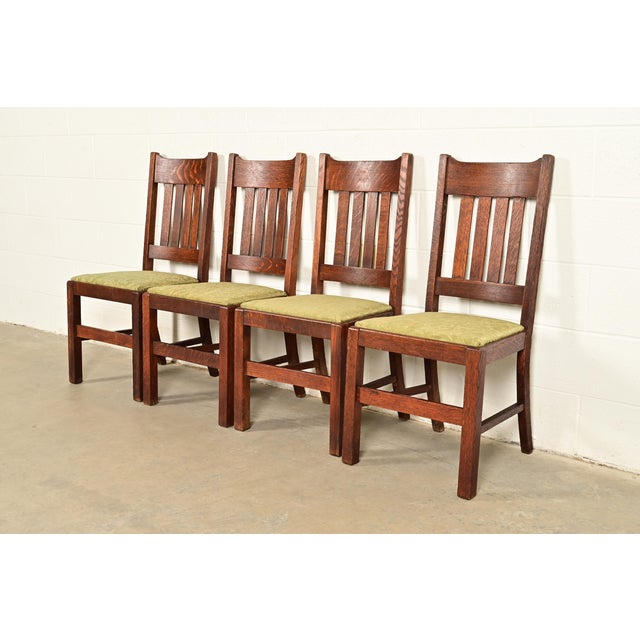 Mission Stickley Brothers Style Antique Mission Oak Arts & Crafts Dining Chairs, Set of Four For Sale - Image 3 of 12