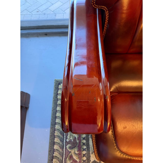 Traditional Vintage Presidential Tufted Oxblood Leather & Mahogany Reclining Executive Swivel Office Chair For Sale - Image 3 of 8