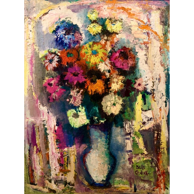 Gestural impasto painting of flowers in a vase. 23.5" x 17.5" sight size , 22" x 28" framed hand signed lower right. Born...