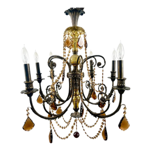 French Rococo Revival Bronzed Chandelier With Amber Glass Drops, 6 Arms