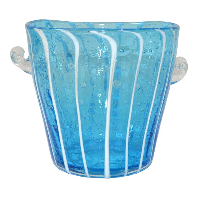 Vintage Venini Murano Light Blue White & Clear Wine Cooler Ice Bucket Italy 1970 For Sale
