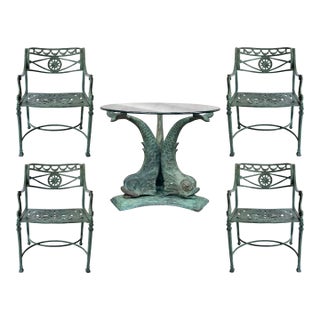 Vintage Regency Verdigris Koi Fish or Dolphin Patio Table and 4 Chairs For Sale