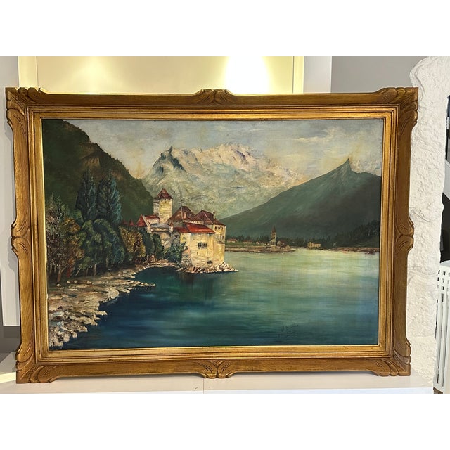 Very large painting on canvas of Lake Chillon in Switzerland, on the shores of Lake Geneva. It is mounted in its original...