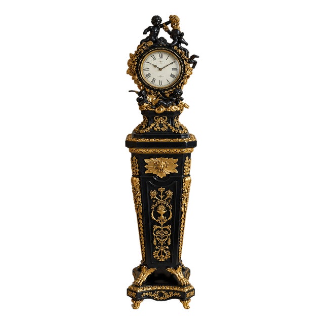 Grand French Louis XVI-Inspired Pedestal Clock – Black Finish With Gold Leaf, Bronze Details & Sculpted Cherub Crest For Sale