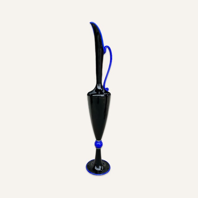 Contemporary Black Glass Ewer With Blue Piping by American Glass Artist Dante Marioni, 1998 For Sale - Image 3 of 6