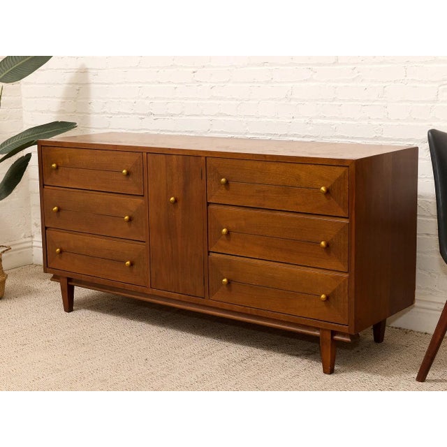 Burnt Umber Mid Century Dresser With Gold Pulls For Sale - Image 8 of 12