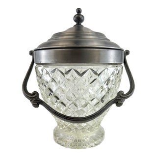 Vintage Cut Glass Ice Bucket With Pewter Lid and Swing Handle Barware For Sale