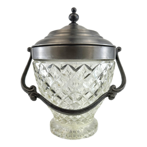 Vintage Cut Glass Ice Bucket With Pewter Lid and Swing Handle Barware