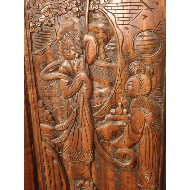 Vintage Oriental Asian Brown Hand Carved Wood Four Panel Screen ~ Room Divider For Sale - Image 10 of 17