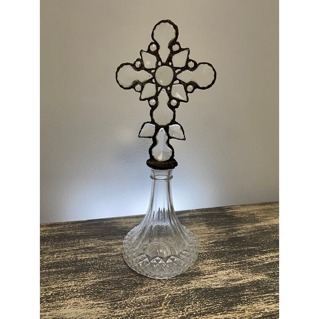 Gothic Handmade Crystal Cross Assemblage Sculpture on Cut Glass Bottle For Sale - Image 3 of 7