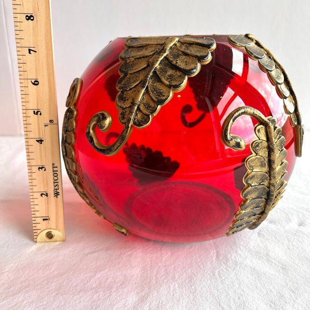 1970s Fifth Ave Crystal Ltd. Red Tealight Candle Potpourri Bowl Vase With Gold Leaves For Sale - Image 9 of 12