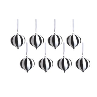 Monochrome Stripe 8-Piece Glass Onion Ornament Set, 4" x 5" For Sale