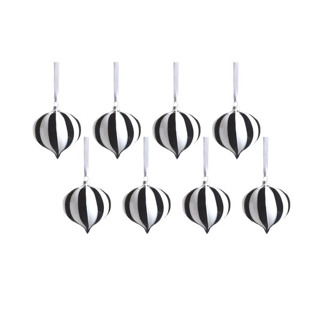 Monochrome Stripe 8-Piece Glass Onion Ornament Set, 4" x 5" For Sale