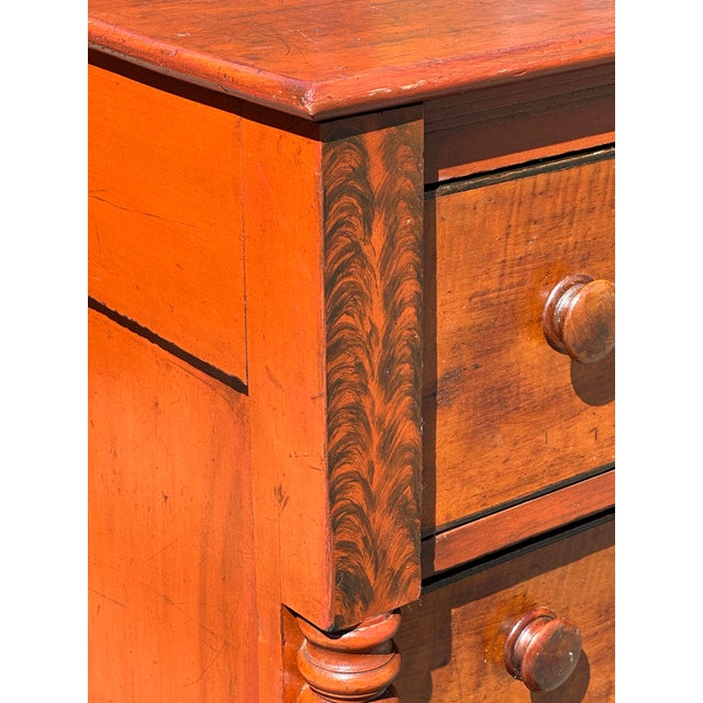 Antique Federal Tiger Maple Chest of Drawer With Original Red Wash & Grain Paint For Sale - Image 4 of 12