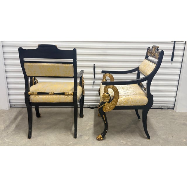 1960s Pair of Italian Hollywood Regency Empire-Style Black & Gold Lion-Head Armchairs For Sale - Image 4 of 11