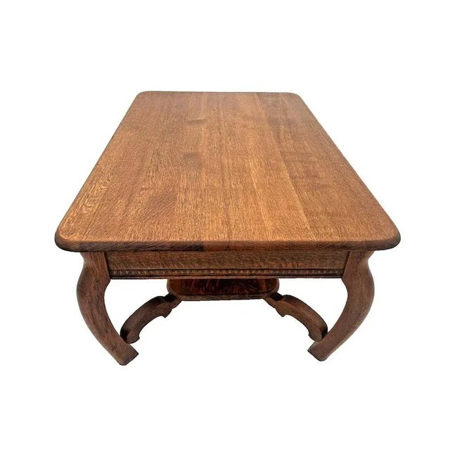 1910s 1910s Antique Coffee Table Solid Oak Center Drawer Bottom Shelf Bow Legs For Sale - Image 5 of 9