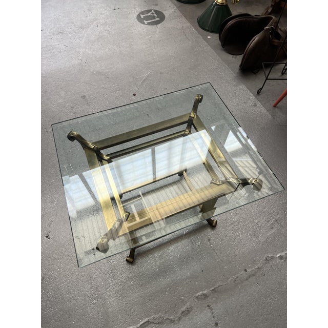 Mid-Century Modern Vintage Mid 20th Century Hollywood Regency Brass Scroll Design Glass End Table For Sale - Image 3 of 6