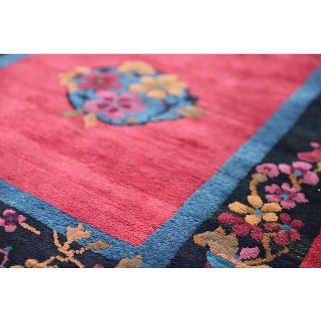 3'x7' Vintage Chinese Art Deco Rug | Red Wine & Navy Short Runner Rug For Sale - Image 10 of 10