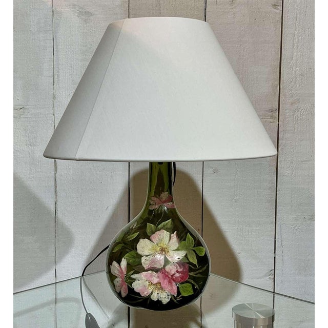 Blown glass lamp painted with floral decoration, early 20th century - modern lampshade - H=36cm D=30cm. European Plug (up...