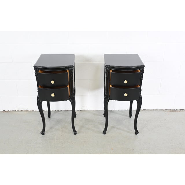 Wood Antique French Rococo Style Black Lacquered Nightstands, a Pair For Sale - Image 7 of 13