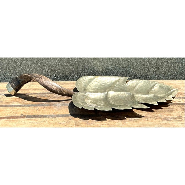 Vintage Hammered Metal Leaf Tray With Horn Handle For Sale - Image 11 of 12