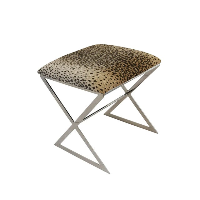 Contemporary Matthew Izzo Home X Side Stool in Cheetah Velvet Upholstery and Polished Nickel X Base For Sale - Image 3 of 4