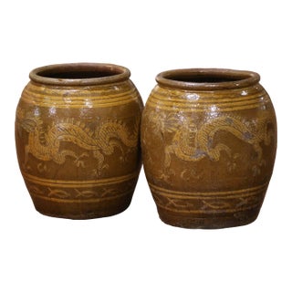 Pair of 19th Century Thai Glazed Earthenware Dragon Jars For Sale