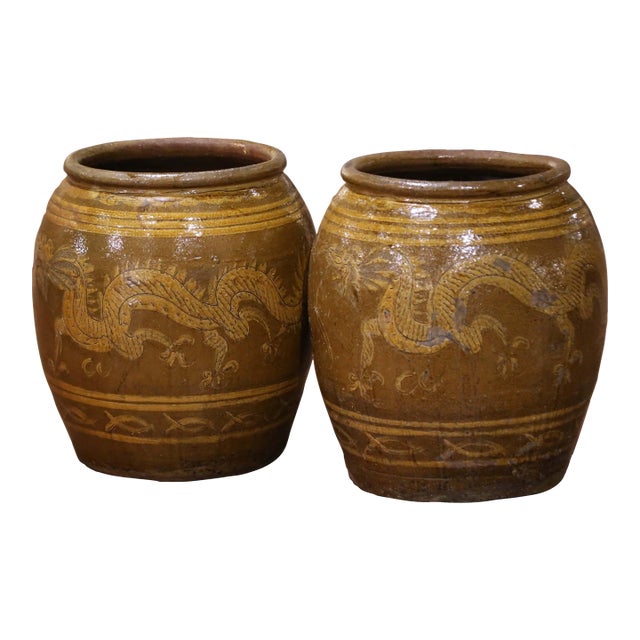 Pair of 19th Century Thai Glazed Earthenware Dragon Jars For Sale