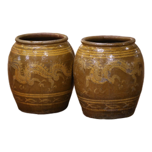 Pair of 19th Century Thai Glazed Earthenware Dragon Jars With Sunburst Motifs