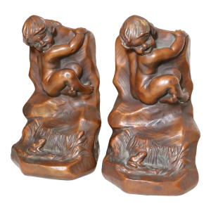 Large Pair of Antique Armor Patinated Bronze Clad Co. Nude Cherub Frog Bookends