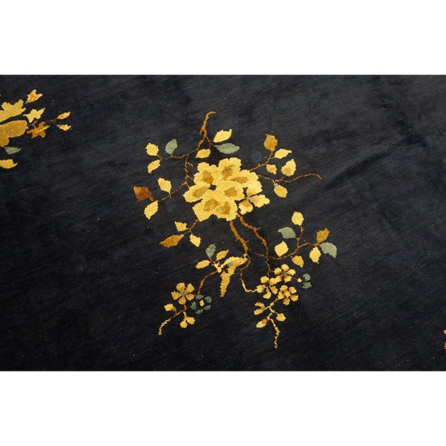 Art Deco 1920s Navy Blue Minimalist Floral Antique Chinese Peking Wool Rug 9' 2" X 14' 1" For Sale - Image 3 of 9
