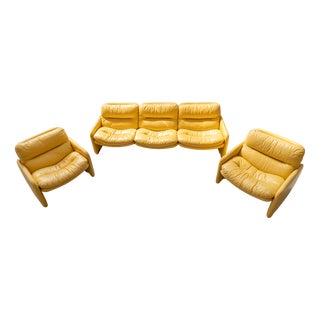 Vintage Yellow Leather 3-Seater Sofa and Armchairs by Ammainnati and Vitelli for Brunati, 1970s, Set of 3 For Sale