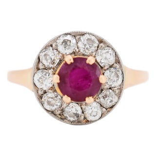Antique Ruby and Diamond Halo Ring, Size 6 For Sale