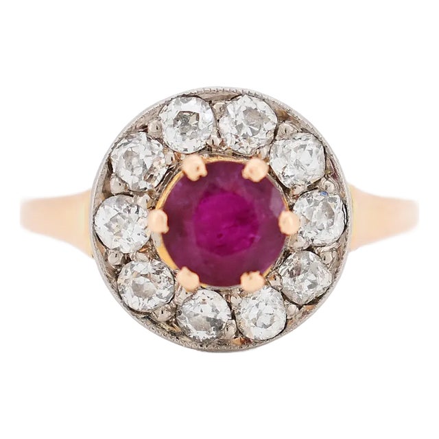 Antique Ruby and Diamond Halo Ring, Size 6 For Sale