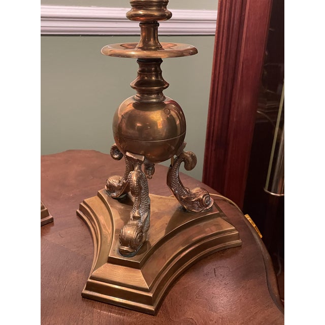 Metal Pair Vintage 1987 Chapman Brass Dolphin Buffet Lamps Black Gold Foil Shades 37" For Sale - Image 7 of 13