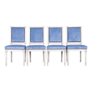 French Louis XVI Style Square Back Painted Dining Chairs W/ Blue Velvet - Set of 4 For Sale