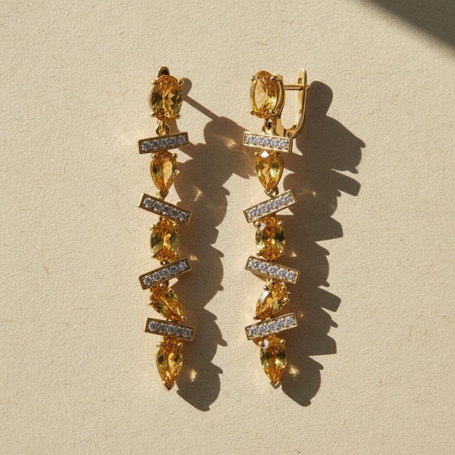Yellow Modern Geometric Citrine Drop Earrings, Silver, Gold, Pair For Sale - Image 8 of 8