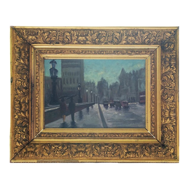 Mid 20th Century Signed Font - Boulevard in the Rain, Oil on Canvas For Sale