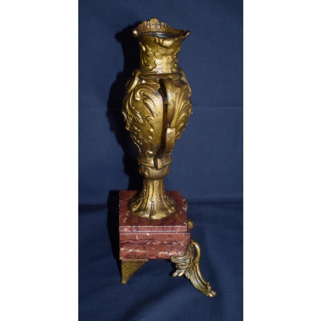 Antique French Rococo Metal Urn Vase Marble Base Mantle Garniture 19th C For Sale - Image 9 of 17