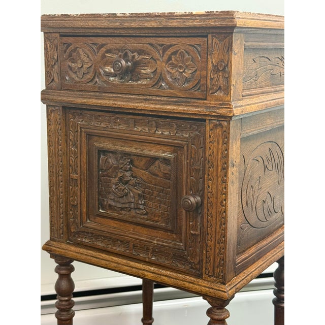 Antique French Breton Carved Oak Marble Too Nightstand For Sale In New York - Image 6 of 12