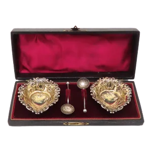 Antique 1899 Chester England Victorian Sterling Silver Heart Motif Open Salt Cellars & Spoons Set