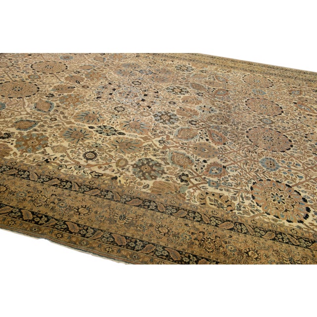 Antique Persian Tabriz Handmade Allover Motif Beige Oversize Wool Rug For Sale - Image 10 of 11