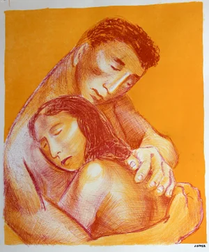Mid-Century Lithograph Embracing Couple