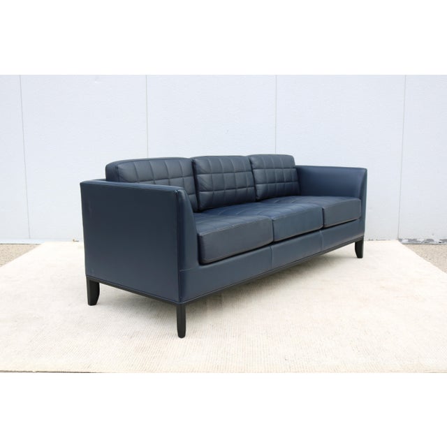 2010s MCM Style Mark Goetz for Bernhardt Design Moreau Sofa in Navy Blue Leather For Sale - Image 5 of 18