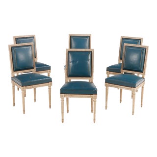 Six Louis XVI Style Painted and Carved Dining Chairs in Old Blue Leather C 1940 For Sale