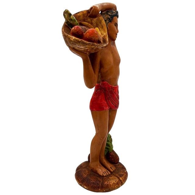 Mid 20th Century Native Boy W/ Fruit Offering Ceramic Hand Painted Sculpture For Sale - Image 4 of 7