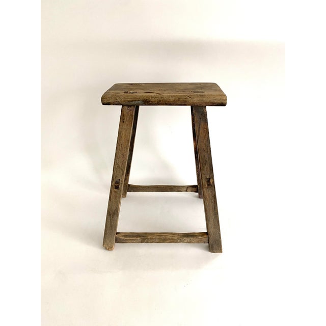 Rustic Elm Wood Farmhouse Stool | Chairish