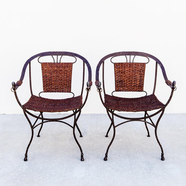 Vintage Iron and Leather Strap Horseshoe Back Curule Accent Chairs For Sale - Image 15 of 15
