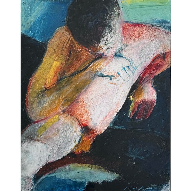 Vintage Expressionist Figurative Study, Signed (Mixed Media on Paper). Mixed media (acrylic, oil stick, and colored...